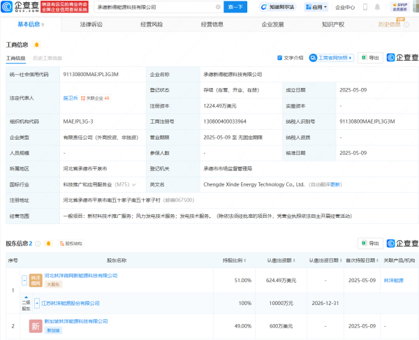 配资平台网址  林洋能源在承德新设能源科技公司